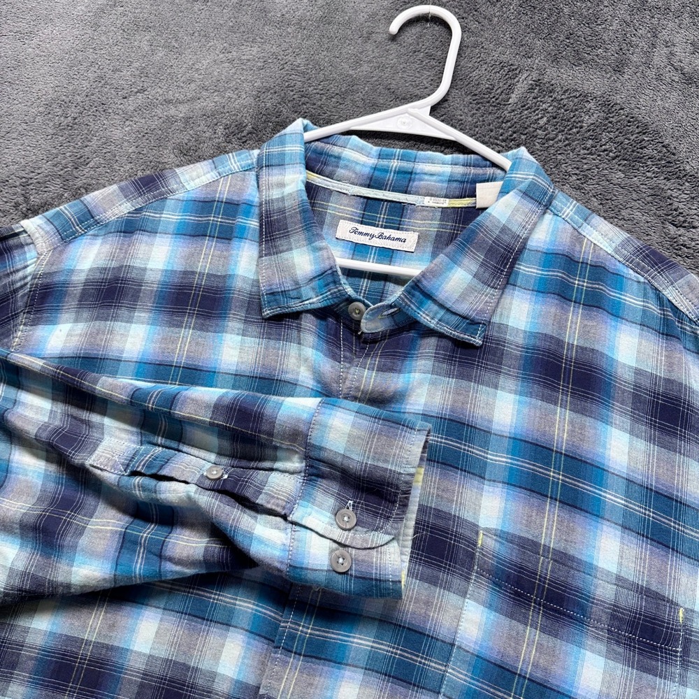 Tommy Bahama Button Up Shirt Mens XXXL Blue Plaid Long Sleeve Cotton Pocket